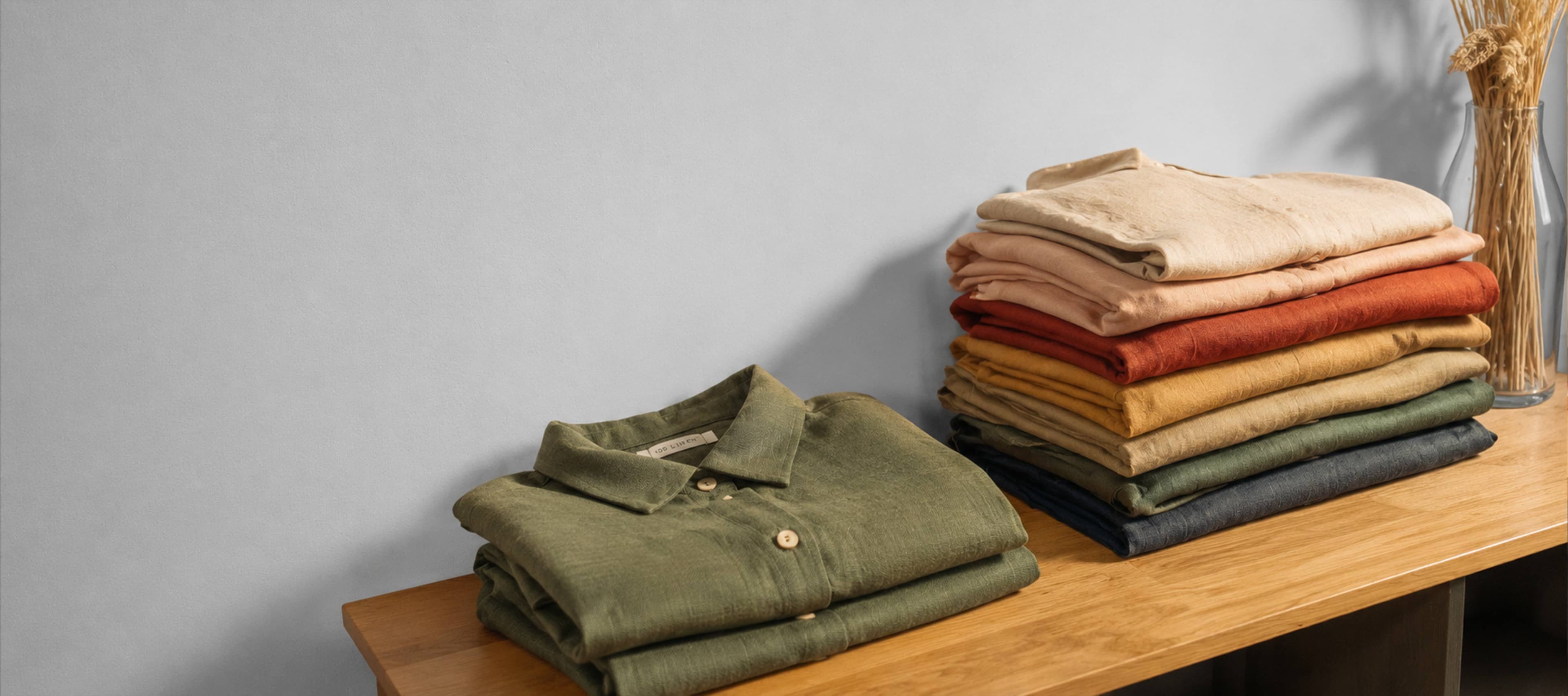 A folded olive linen shirt beside a stack of folded linen in warm tones on a wooden table