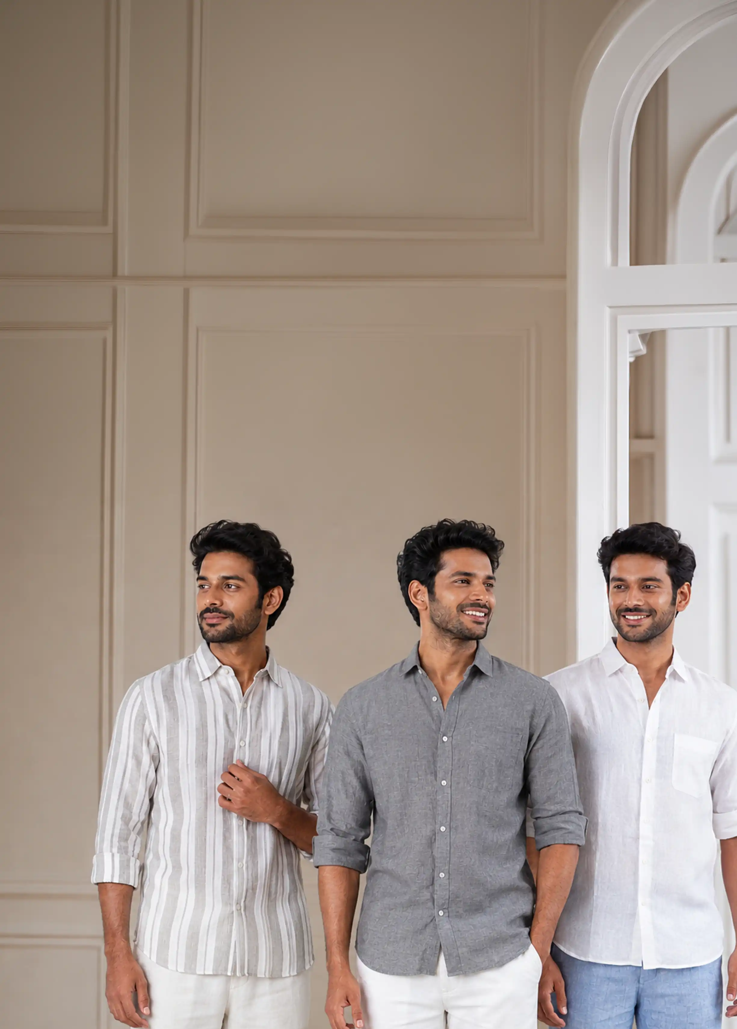 Three men in linen shirts — striped, grey and white — against a warm panelled wall