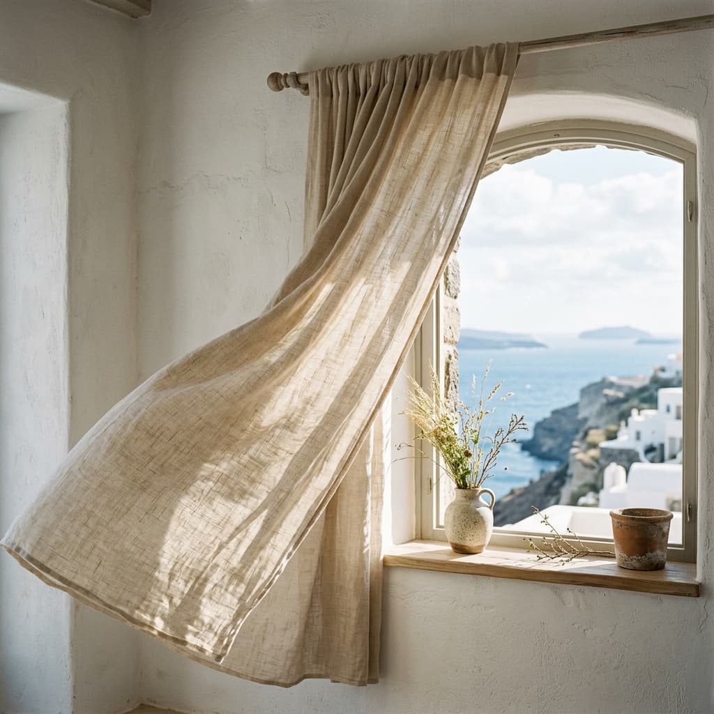 Lightweight pure linen catching a sea breeze by an open window