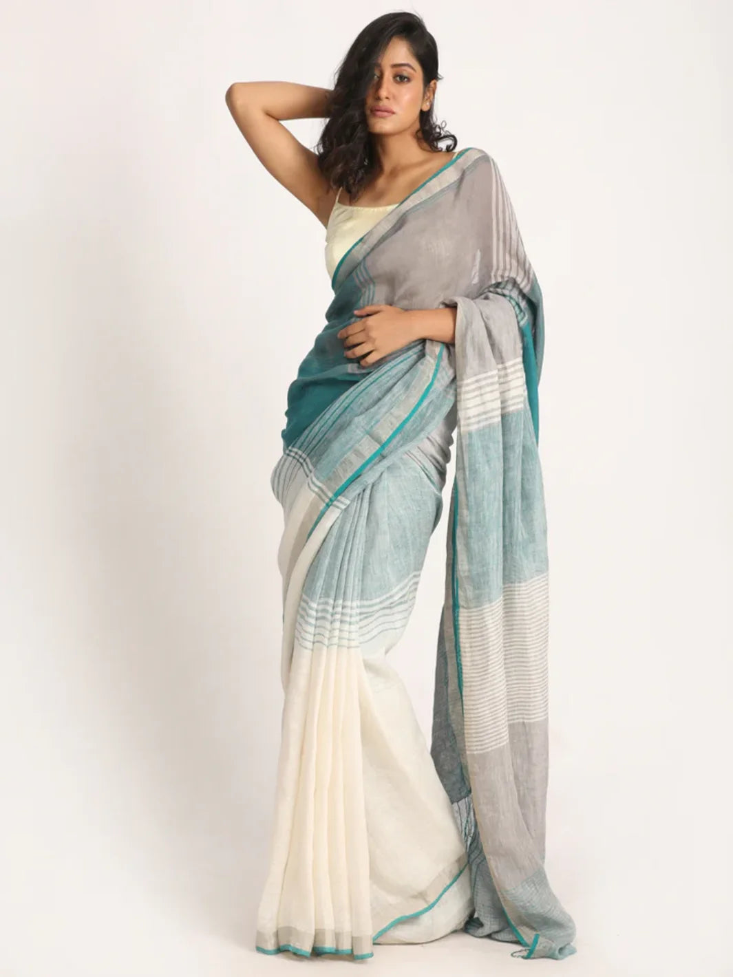 Women's Multicolour Traditional Handloom Check Linen Saree - Angoshobha