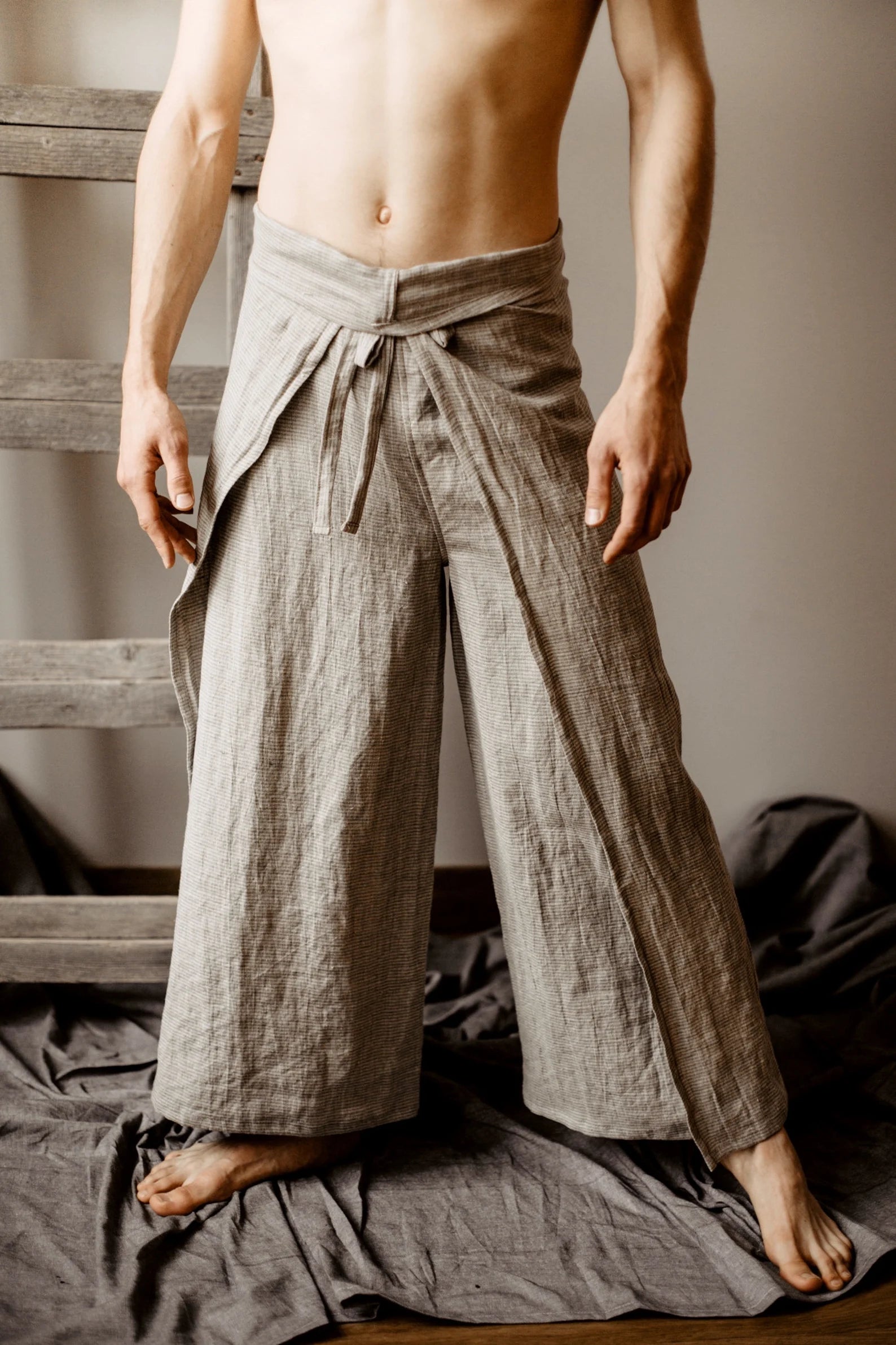 Fisherman Pants Linen Wrap Pants Mens Line Yoga Trousers Loose pants Thai Fisherman pants , Massage pants