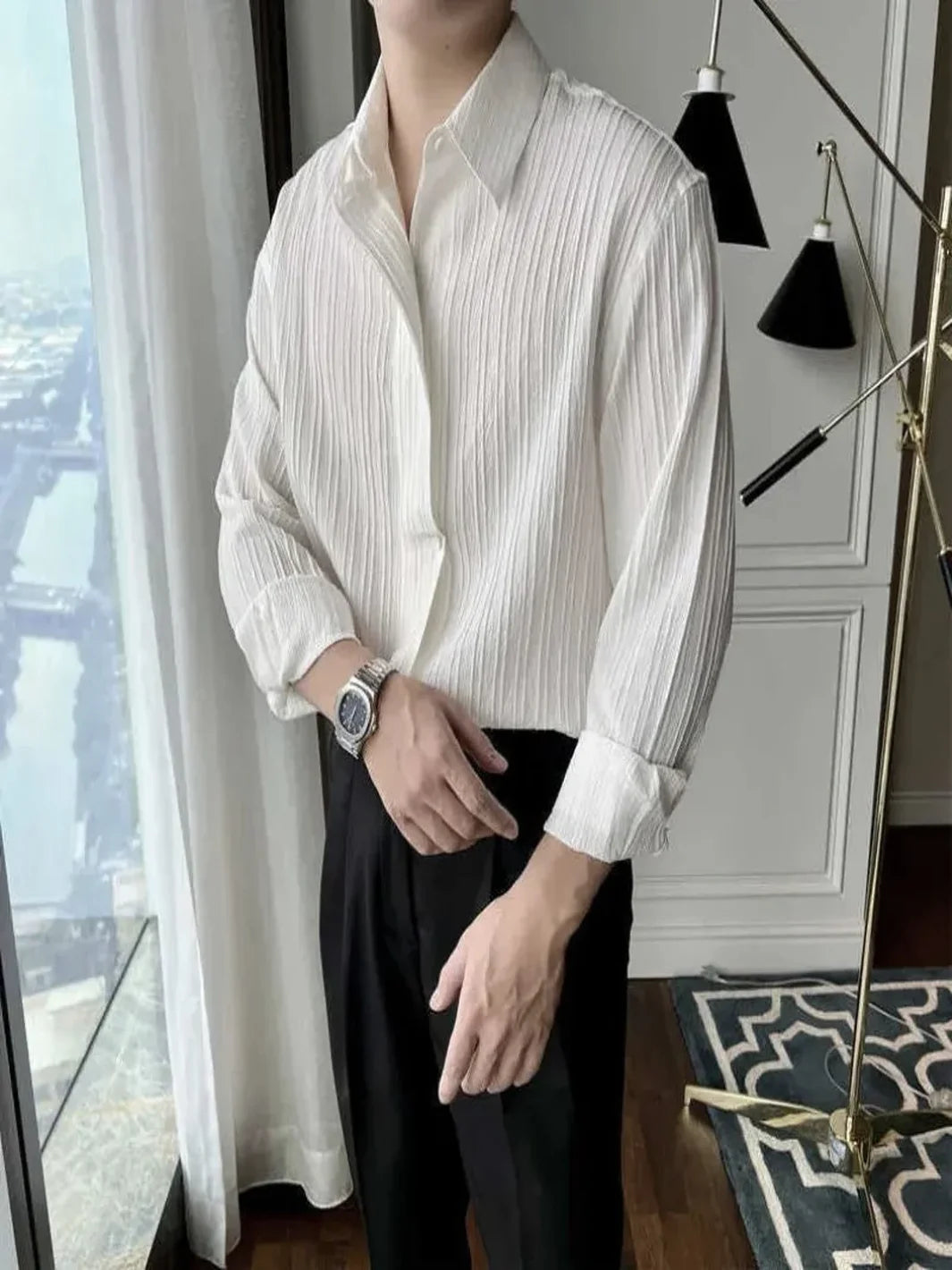 Korean Linen Long Sleeve Striped Button Up Shirt for Spring Summer Unisex Men Women Fashion Trend Breathable Old Money Aesthetic