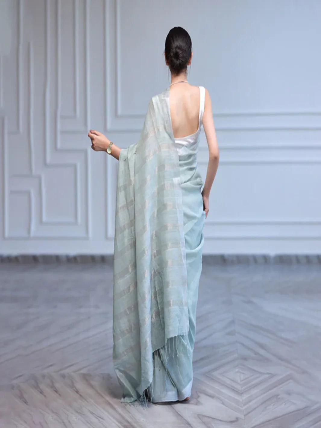 Linen Saree with Unstitched Blouse| Striped Pallu | Mint Blue