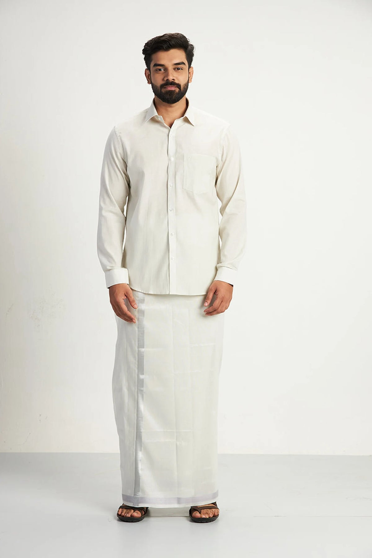 Modern Wedding Collection Set For Men - Cotton Rich Blend Shirt and Tissue Jari Dhoti Set (2 In 1) For Men - Perfect gift for all occasions